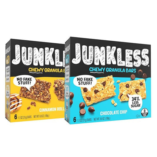 JUNKLESS Chewy Granola Bars Twin Pack – Chocolate Chip & Cinnamon Roll (12 Bars)–Less Sugar, Non-GMO, Gluten-Free, Wholesome Snack Bars for Kids & Adults, 2 Boxes