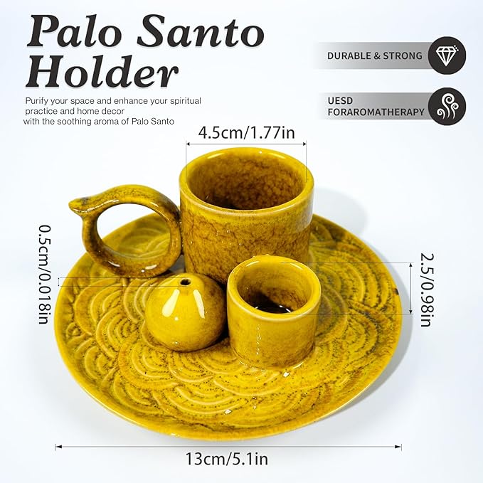 5.1-Inch 5-in-1 Yellow Ceramic Incense Holder - Fits Palo Santo, Sage, Incense Sticks/Cones, Small Candle, Smudge Burning Tray.Zen Altar for Meditation/Yoga, Aromatic Scents, Matches Friendly