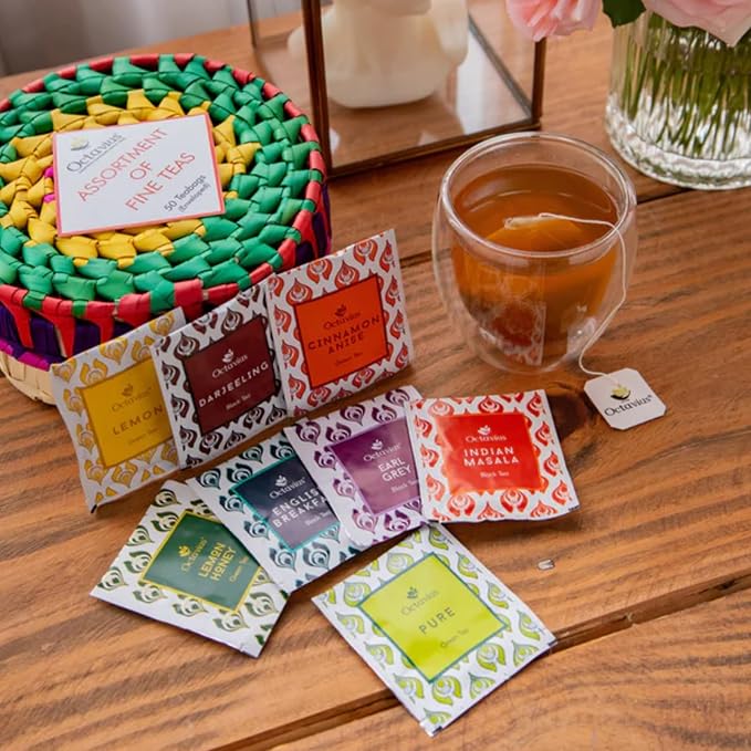 Octavius Tea Sampler Pack | 8 Assorted Black & Green Teas | 50 Teabags | Tea Sampler Variety Pack | Pack of 1