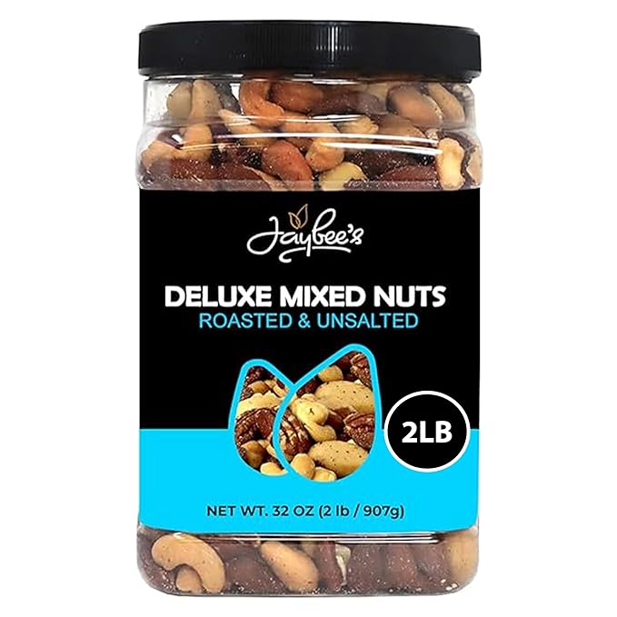Jaybee’s Unsalted Mixed Nuts | 32 oz | Gourmet Roasted Deluxe Nut Mix with Cashews, Almonds, Pecans, Hazelnuts, Brazil Nuts (No Peanuts) | Keto, Vegan Friendly, Kosher, Healthy Snacks