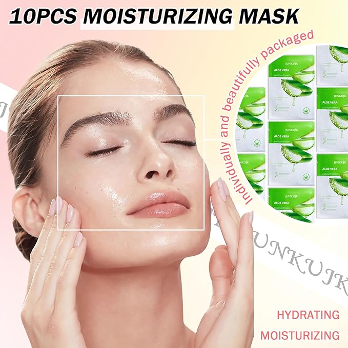 10PCS Aloe Vera Hydrating Facial Sheet Mask,Moisturizing Face Masks Skincare Gift Set,Brighten Long Lasting Face Mask Skin Care & Facial Mask Kit for All Skin Types