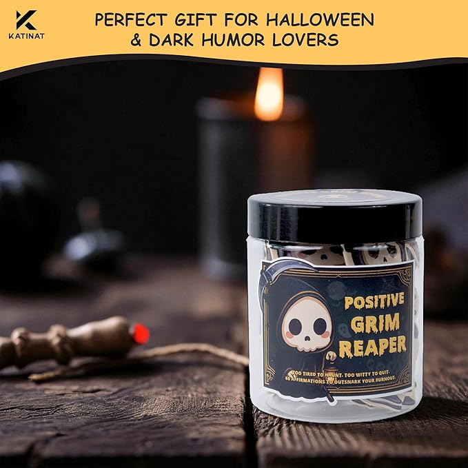 Emotional Support Grim Reaper – Positive Grim Reaper Jar, Dark Humor Spooky Gifts, Halloween Basket Stuffers for Adults Women Men & Funny Halloween Gifts for Adults, Coworkers, Boo Basket Stuffers