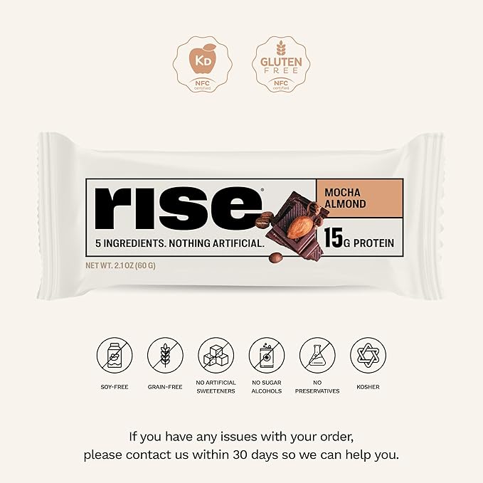 Rise Whey Protein Bars - Mocha Almond | Breakfast Bar & Protein Snack 15g Protein 4g Fiber Just 5 Whole Food Ingredients Gluten-Free Soy Free