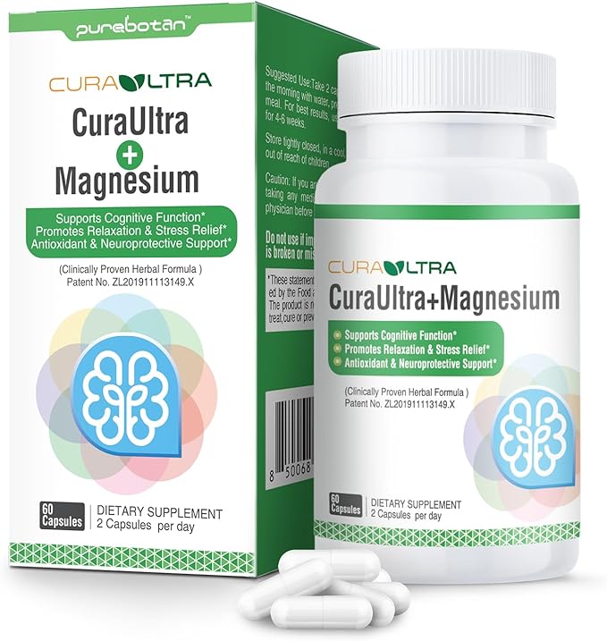 CuraUltra Magnesium Capsules, Magnesium Oxide and Glycinate Extra Strength, with Vitamin B6, B12, Turmeric for Memory, Focus & Relax, Boost Immunity & Sleep, Support Brain Health, 60 Count