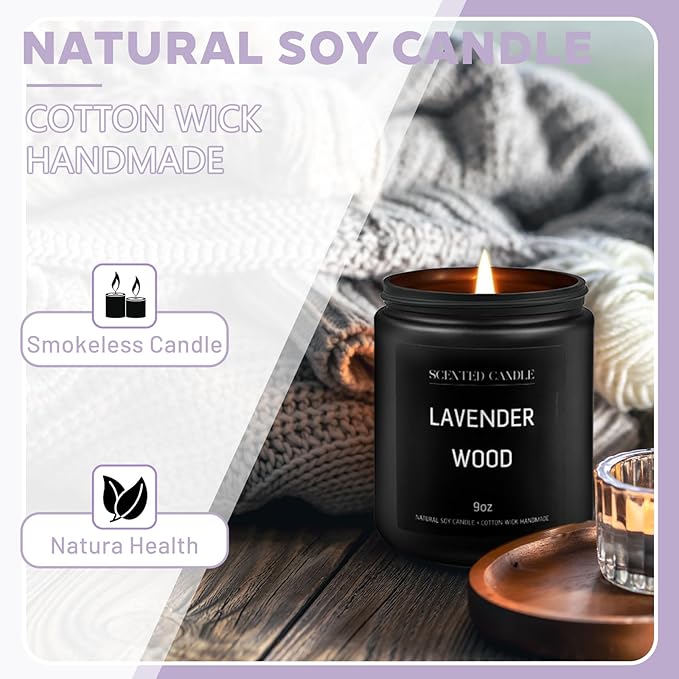Lavander Wood Scented Candles for Home Scented Aromatherapy Candles, Hand-Poured, 9 OZ, 50H Clean Burn,Soy Wax Candle Gift Set for Women Men