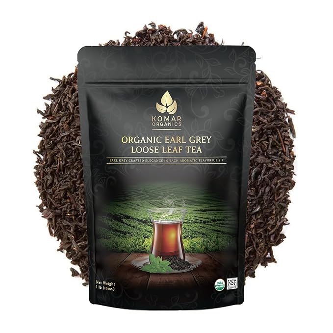 Komar Organics Earl Grey Tea Loose Leaf - 16 Oz USDA Organic, Certified Kosher 1 LB Black Tea Infused With Natural Oil and Bergamot