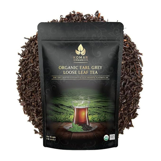 Komar Organics Earl Grey Tea Loose Leaf - 16 Oz USDA Organic, Certified Kosher 1 LB Black Tea Infused With Natural Oil and Bergamot