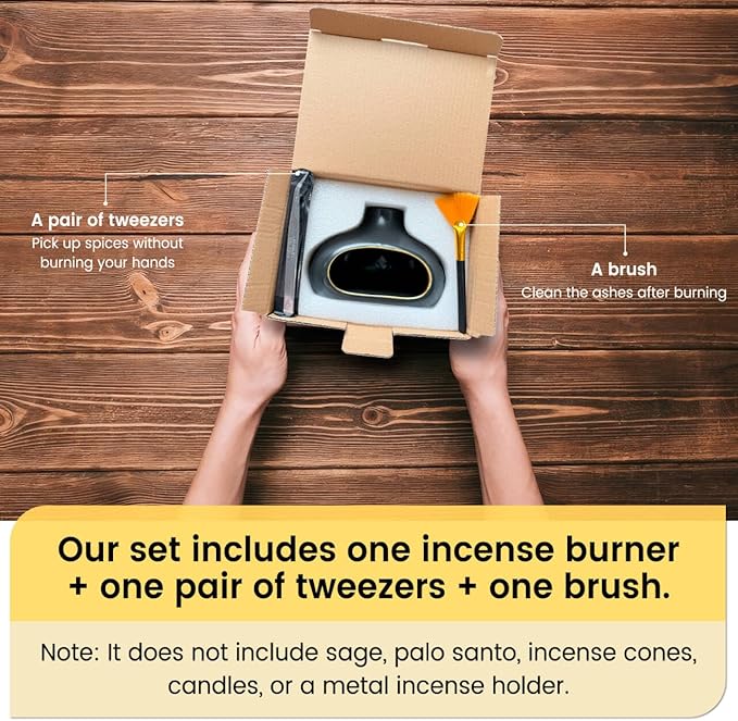 Ceramic Incense Holder Set-Handcrafted Palo Santo&Sage Cone Burner with Holes, Smudge Bowl for Meditation&Yoga-Palo Santo Holder with Brush&Tweezer-Home Decor for Relaxation, Black