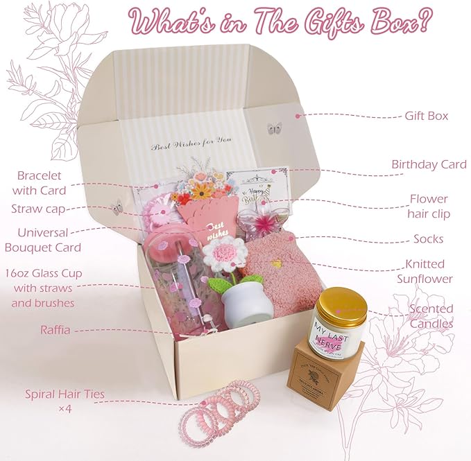 Birthday Gifts for Women, Teen Girls, Her, Unique Happy Birthday Gift Baskets for Best Friend Sister Daughter, Women Gifts Box for Girl Wife Girlfriends,14pcs Rose Glass Cups Gift Set(Pink)