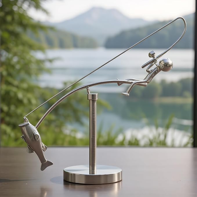 Kinetic Fishing Sculpture - Balance Art for Your Space, Fisherman Kinetic Balancing Desk Toy Fishing Physics Sculpture for Home Office Art Deco, Stainless Steel Balance Physics Toy (1pcs)