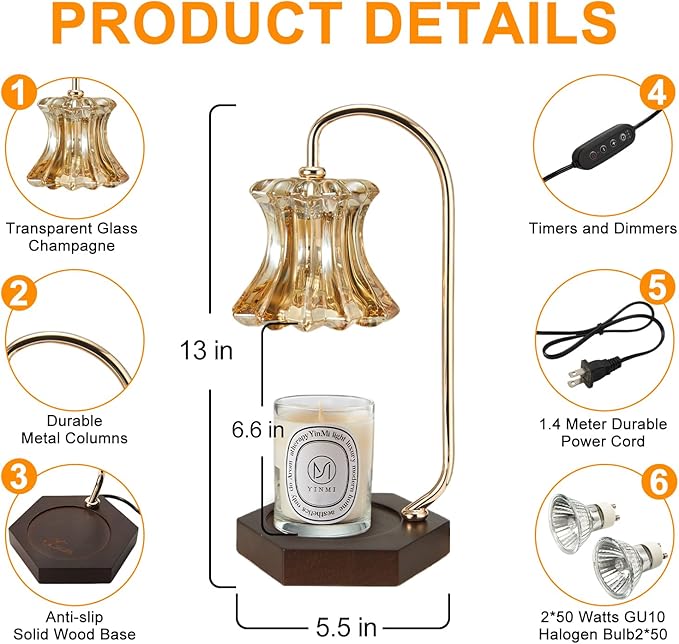 Candle Warmer Lamp with Timer Adjustable - Height Candle Warmer, Dimmer, Wax Melting Lamps for Home Decor, for Candles in Jars with 2 Bulbs, Glod