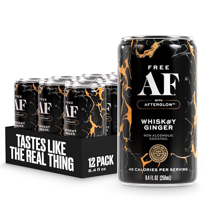 AF Drinks Non-Alcoholic Whiskey Ginger | Alcohol Alternative Sparkling Cocktails with AFTERGLOW Botanical Warmth | Gluten-Free, Low-Calorie | 8.4 oz Cans (12-Pack)