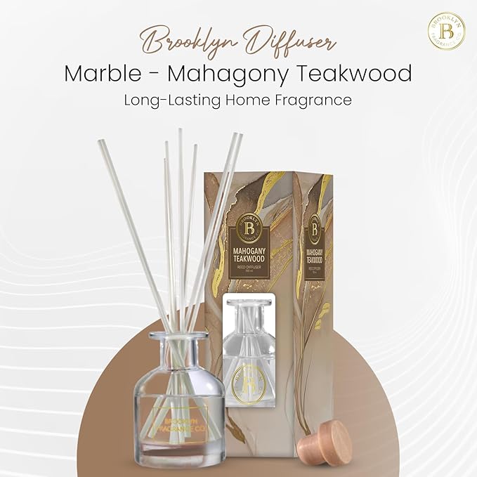 Brooklyn Fragrance Co. Marble - Long Lasting Scented Aroma Diffuser – Mahagony Teakwood Air Freshener for Home- Fragrance Diffuser for a Large Room - 100ML