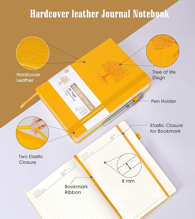 Lined Journal Notebook, 365 Pages B5 Journals for Writing College Ruled Notebook, Hardcover Leather Journal for Women Men, Daily Notebook for Work, Note Taking,100Gsm Thick Paper( 7.6'' X 10'' Yellow)