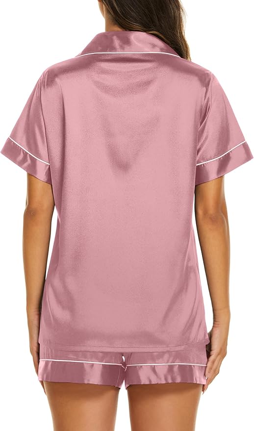 Ekouaer Silk Pajamas for Women Short Sleeve Sleepwear Soft Button Down Loungewear 2 Piece Satin Pjs Shorts Set S-XXL