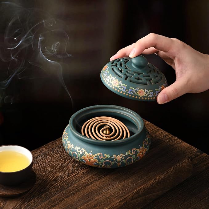Ceramic Incense Burner with Incense Holder+ Fireproof Cotton,Handmade Smudging Burn Bowl for Stick or Coil Incense,Sage Cones,Frankincense and Mosquito Incense (Enamel)