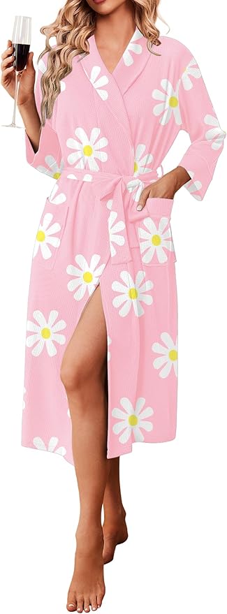 Ekouaer Robes for Women Long Waffle Knit Bathrobe Lightweight Kimono Robe Soft Shawl Collar Spa Robes with Pockets S-XXL