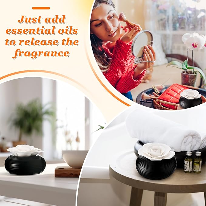 Honeydak 2 Pcs Flower Passive Essential Oil Diffuser Stone White Ceramic Porcelain Floral Diffuser with Container Non Electric Handmade Decorative Tabletops Home Decoration Christmas (Rose)