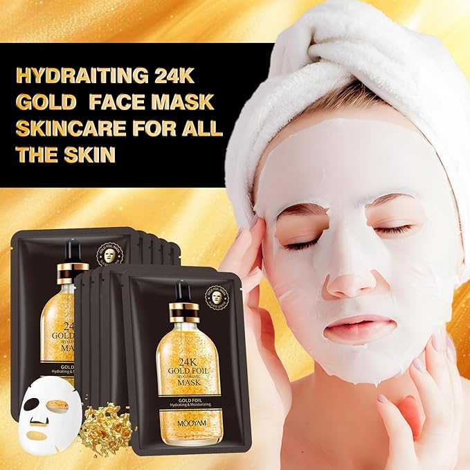 24K Gold Facial Mask for Women,Hydrating Face Mask Sheet Home SPA,Moisturizing Face Sheet Mask for Dry,Oily,Sensitive Skin 25ml（5Pack）