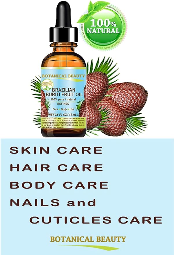Botanical Beauty Brazilian BURITI FRUIT OIL 100% Pure Natural Refined Cold Pressed Carrier Oil Undiluted 0.5 Fl Oz - 15 ml for Face, Skin, Body, Hair, Nails
