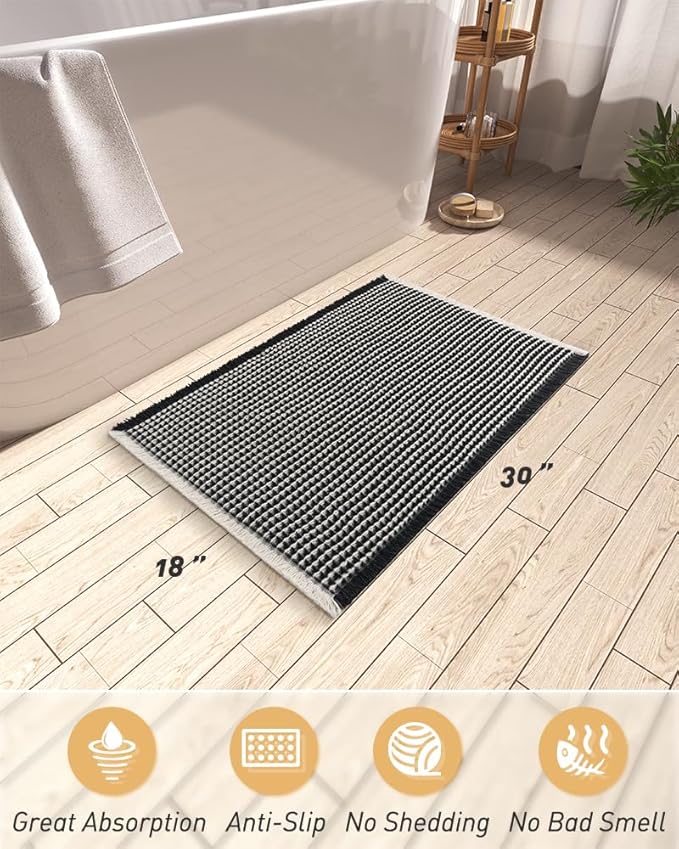AMOAMI Upgraded Waffle Bath Mat, Super Absorbent Non Slip Bath Mats for Bathroom Floor, Machine Washable Bathroom Rugs with Tassels, Rubber Backed Bathroom Mats, Ultra Soft, 18" x 30",Black & Cream