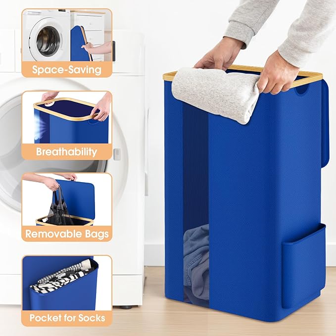 Laundry Basket Clothes Hamper with Lid and Pocket Large Collapsible Laundry Baskets with Handle, Blue Freestanding Hampers for Bedroom Aesthetic, Dorm, Bathroom, Laundry Room (100L)