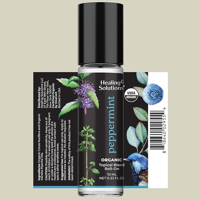 Healing Solutions (2 Pack) USDA Certified Organic Peppermint Essential Oil Roll-On Set for Body & Skin Care - Peppermint Essential Oil Roller