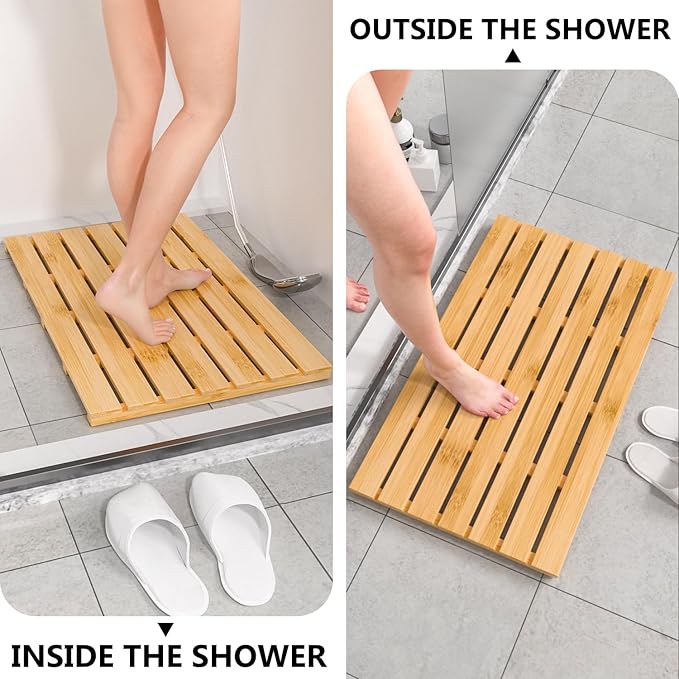 Domax Wooden Bamboo Bath Shower Mat- Non-Slip Waterproof Large Bathroom Floor Mat for Indoor Outdoor (Natural, 31.3 x 18.1 x 1.5 Inches)