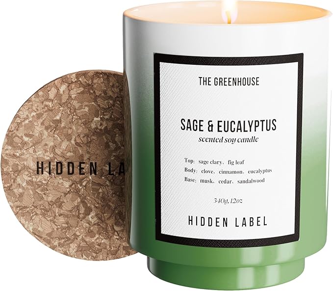 Hidden Label Eucalyptus&Sage Soy Candle, 12oz/75-Hours Burn Time, 100% Natural Candles Non Toxic, Aromatherapy Candle for Home Scented,Women,Stress Relief, Meditation, Yoga & Relaxation