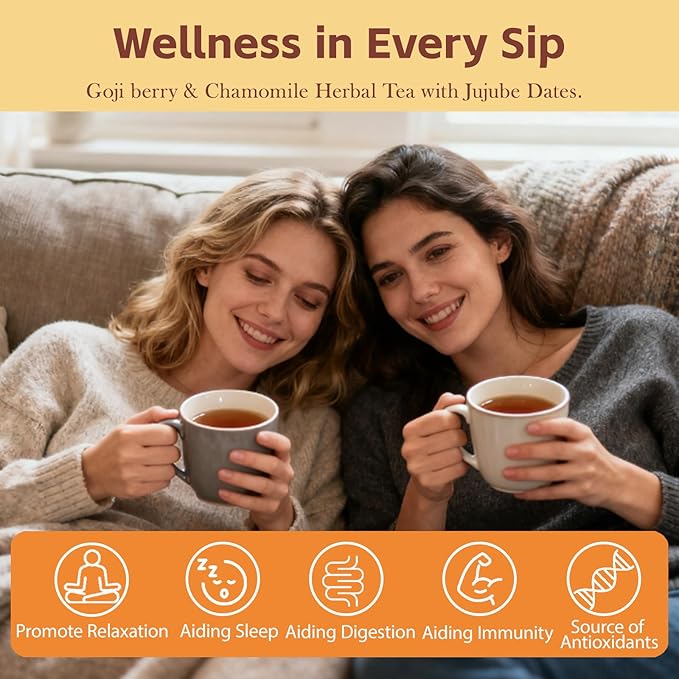 Harbique Chamomile & Jujube Herbal Tea Blend Red Dates & Goji Berries | Sleepytime Tea for stress relief | Postpartum Essentials for Mothers Milks Lactation, Hormone Balance|Organic,Caffeine-Free, Non-GMO|12 Tea Bags
