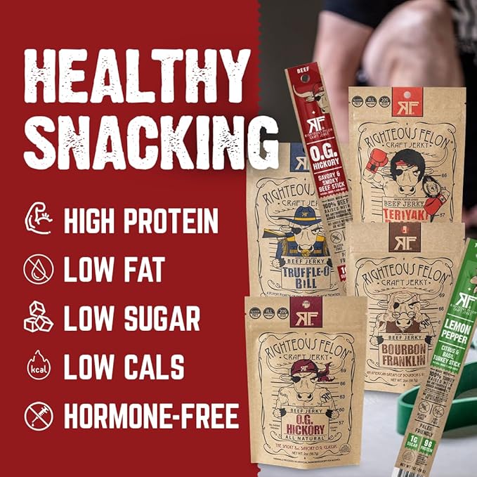Righteous Felon Savory Beef Jerky Variety Gift Pack - Great Gifts for Men | Gluten Free, High Protein Healthy Snack | Bulk Beef, Pork, & Turkey Jerky Variety Snack Packs | The Savory 6 Pack Sampler