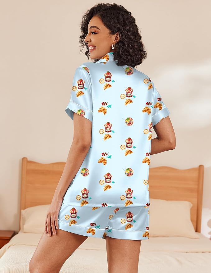 Ekouaer Silk Pajamas for Women Short Sleeve Sleepwear Soft Button Down Loungewear 2 Piece Satin Pjs Shorts Set S-XXL