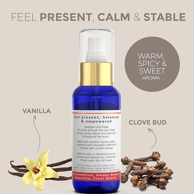 BALIPURA - Grounding Cleansing Healing Aura Spray - Natural Infused Auric Crystals & Gemstones - Vanilla & Clove Essential Oils Blend - Handmade in Bali - 3.4 fl.oz