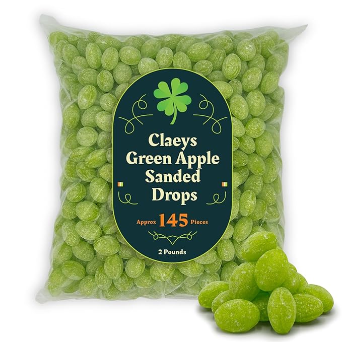 Claeys Green Apple Sanded Drops 2LB Approx 145 Hard Candy Drops - St Patricks Day Green Snacks & Treats, Bulk Candy Green Suckers - Hard Candy St Patricks Day Snacks for Kids & Adults