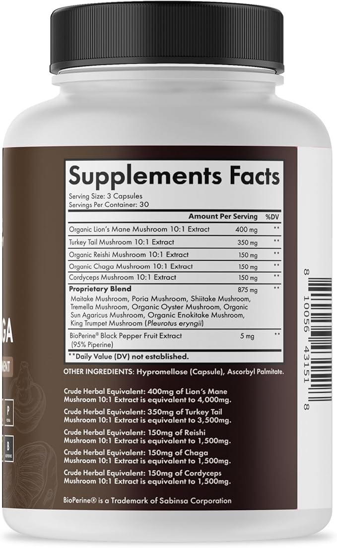BioSchwartz 13-in-1 Mushroom Complex Capsules - Organic Mushroom Supplement with Lions Mane, Chaga, Reishi, Cordyceps - Supports Focus, Energy, Immune System - with BioPerine for Absorption, 90 Count