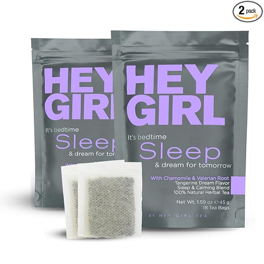 Hey Girl Sleep Tea - Natural Herbal Bedtime Tea Bags with Chamomile, Passion Flower, Valerian Root, Lemon Balm - Calming, Relaxing Adults Sleepy Night Time Tea - Relaxation Gifts for Women 2-packs
