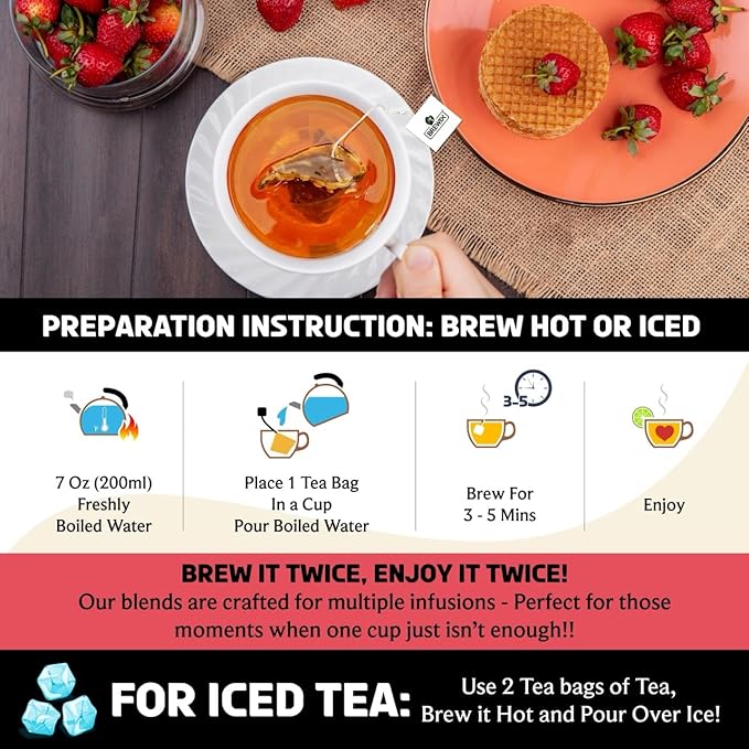 BREWIX, Strawberry Mint Tea Bags (25 Plant Based Tea Bags), Made with - Black Tea, Hibiscus, Spearmint, Fennel, Strawberry | Caffeinated & Sugar-Free