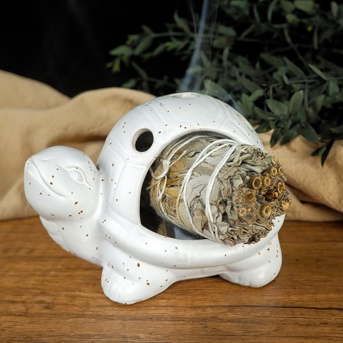 Handcrafted White Ceramic Turtle Palo Santo Holder, Sage, Cone Incense and Copal Burner Holder | Ideal for Meditation, Yoga, Aromatherapy & Altar Spaces | Zen-Inspired Home Decor Gift