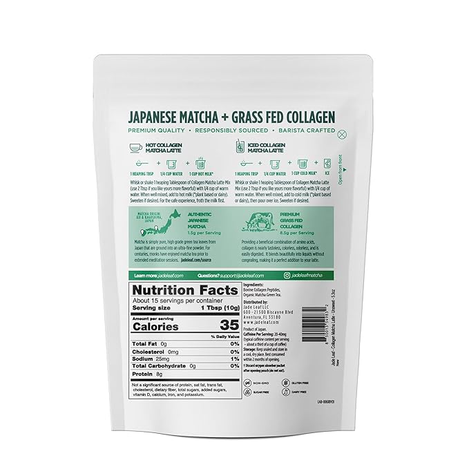 Jade Leaf Matcha Café Style Collagen Matcha Latte Green Tea Powder, Unsweetened, Sugar Free, Premium Barista Crafted Mix, Authentically Japanese, 15 Servings (5.3 Ounces)