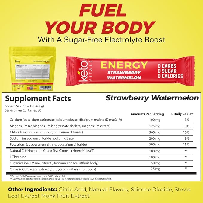 Keto Vitals Electrolyte Energy Drink Powder Packets - Electrolyte Supplement for Energy and Rehydration - Strawberry Watermelon Keto Powder Packets, 30 Count