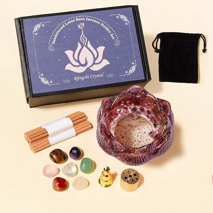 Incense Holder Burner with 40 Incense Sticks Resin Crystal Lotus Flower Incense Holder for Inserting Incense Removable Ash Collector for Meditation Room and Home Decor (Strawberry Quartz, 3.15")