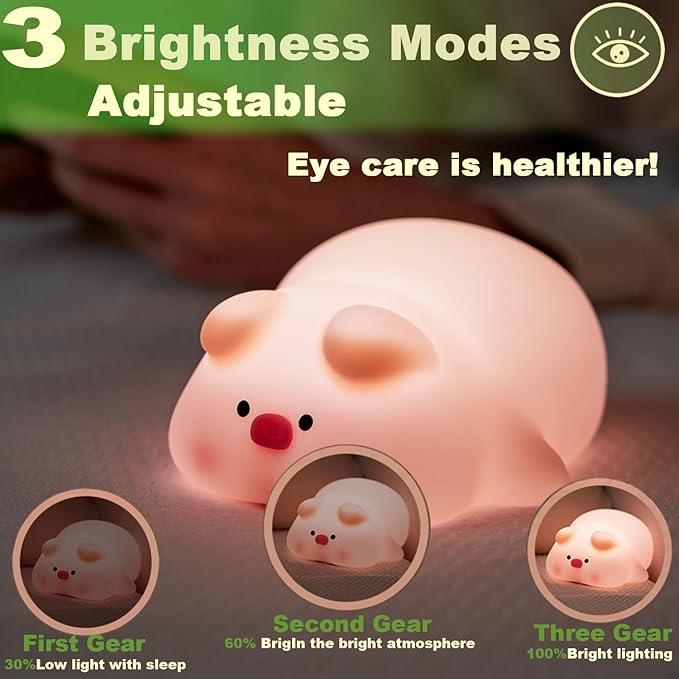 Cute Pig Lamp, Fun Lying Flat Pig Night Light, LED Squishy Animal Novelty Lamp, Light up Duck for Kids Great Gift, 3 Level Dimmable Nursery Nightlight Rechargeable Bedside Touch Lamp (Pig Lamp)