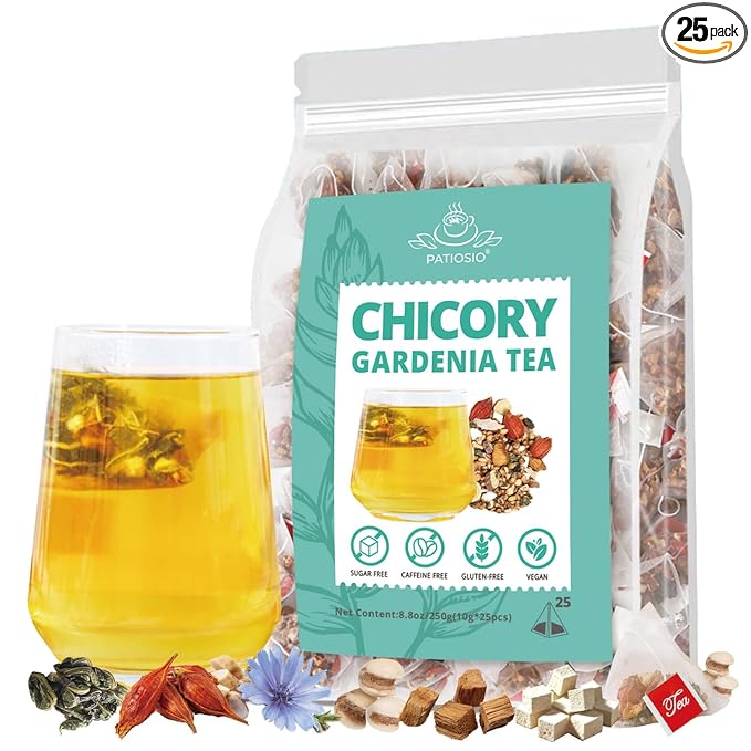 Chicory And Gardenia Tea - Kidneys & Liver Health Tea, 8 Herbal Ingredients Natural Blend, Chicory and Gardenia Tea Bags, Chinese Herbal Tea (250g/10g x25pcs)