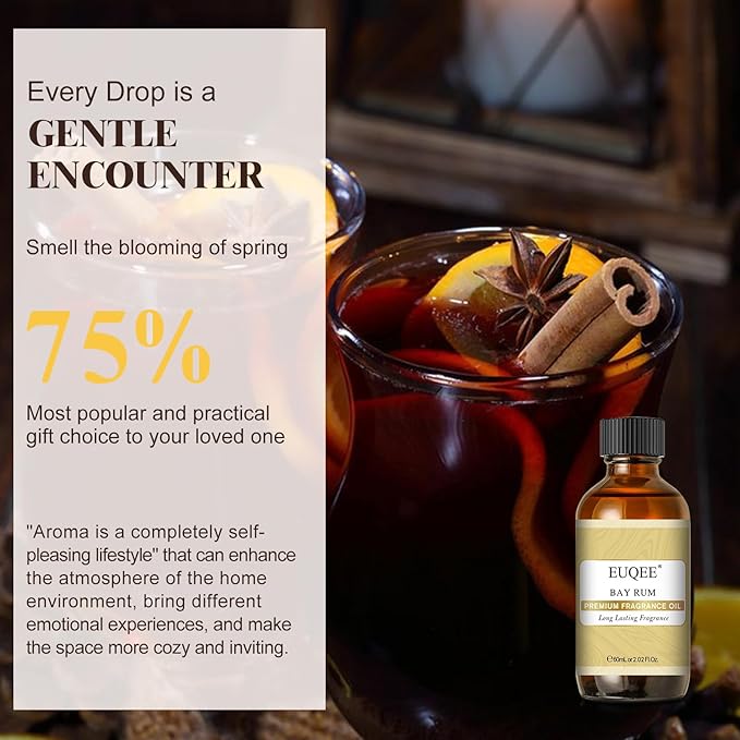 EUQEE Bay Rum Fragrance Oil with Glass Dropper, Essential Oils for Candle & Soap Making, Diffusers, DIY Bath Bombs (2.02 Fl oz/60 ml)