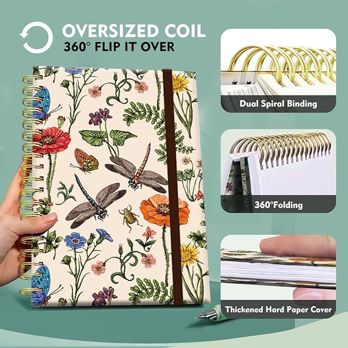 Cute Spiral Notebook, Journal for Women, Hardcover Spiral Journal, 5.5 x 8.3 Inches, 120 Pages,100gsm Paper, for Gifts Nurse Teacher Women Office Supplies(Cute dragonfly Flower)