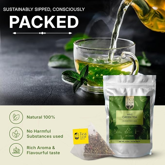 Mint Green Tea Bags (50 Count), Green Tea with Peppermint & Spearmint, Caffeinated, Real and Natural Green Tea, Blended with Fresh Herbs and Spices, Gluten Free