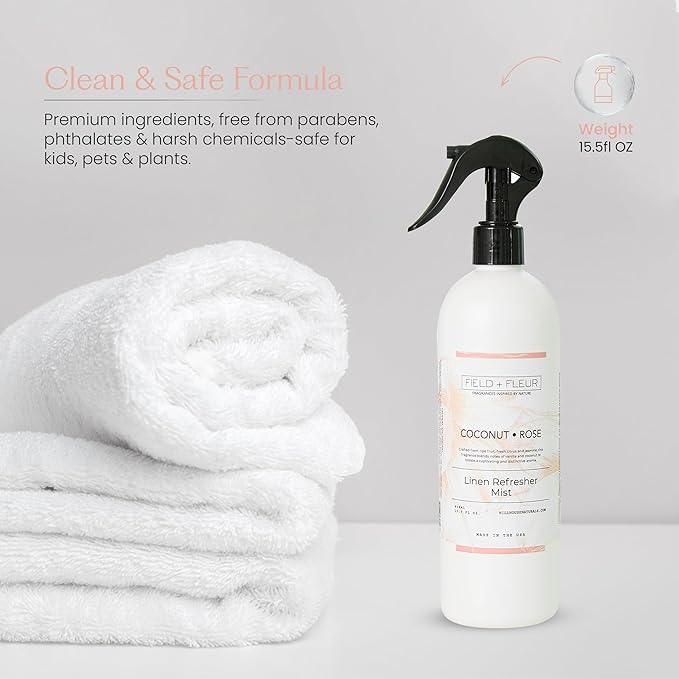 FIELD FLEUR Coconut Rose Linen & Room Spray 15.5 oz - Aromatic & Refreshing Bedding & Fabric Mist - Air Freshener for Clothes & Sofas – Notes of Coconut, Vanilla, Jasmine & Citrus - Made in USA