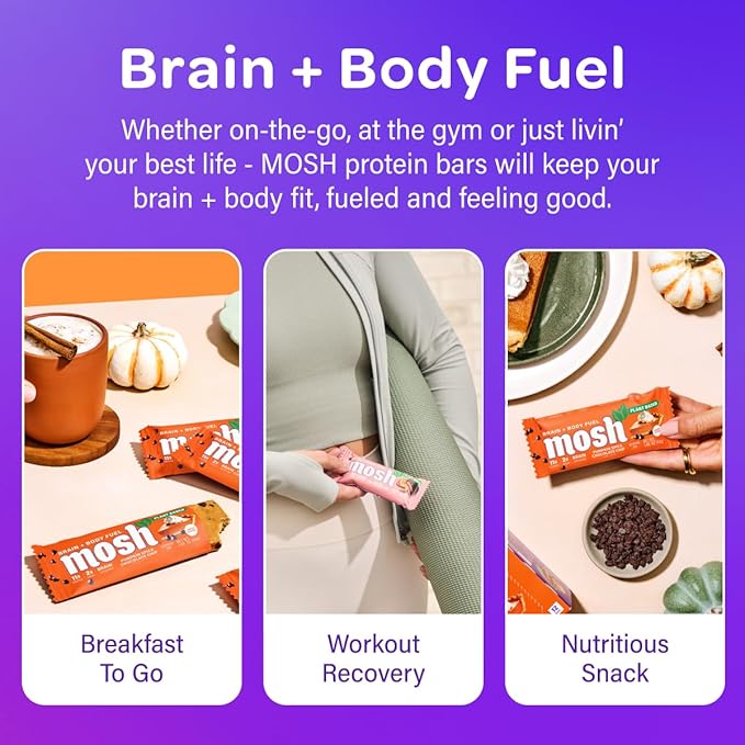 MOSH Pumpkin Spice Chocolate Chip Vegan Protein Bars, Plant Based, Keto, Gluten-Free, Brain Healthy Snack with Cognizin, Ashwagandha and Lion's Mane, 12 Count