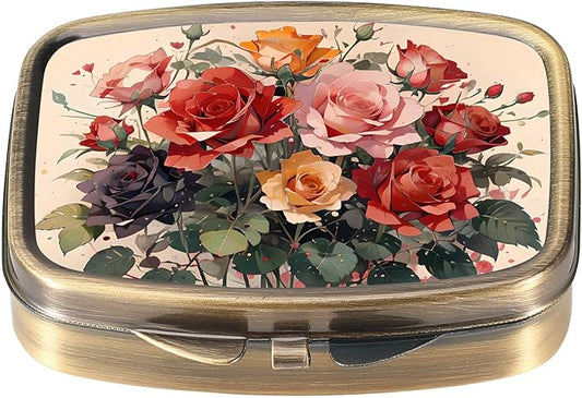 Dynippy Pill Case Pill Box with Mirror Retro Pocket 2 Compartment Medicine Case Vitamin Pill Organizer for Pocket Purse and Travel (Cute Flower)