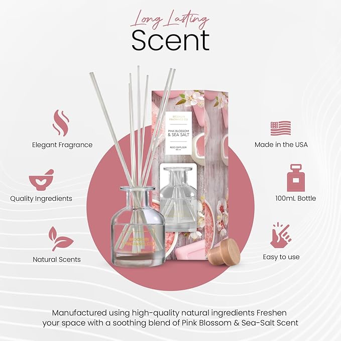 Brooklyn Fragrance Co. Spring Spa- Long Lasting Scented Aroma Diffuser – Pink Blossom & Sea-Salt Air Freshener for Home- Fragrance Diffuser for a Large Room - 100ML